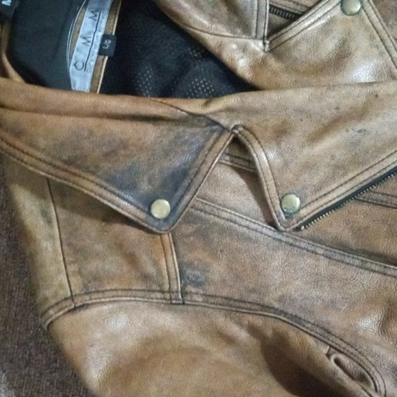 CMM VINTAGE DISTRESSED BELTED 100% LEATHER JACKET LARGE BROWN/TAN - Picture 10 of 13